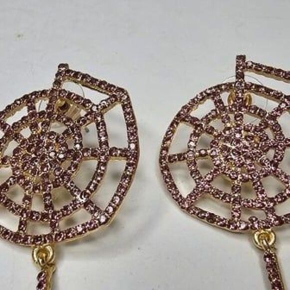 Itzy Bitzy Kitsch Rhinestone Spiderweb Dangle Earrings 2.75"L x 1.25"W - Picture 2 of 3